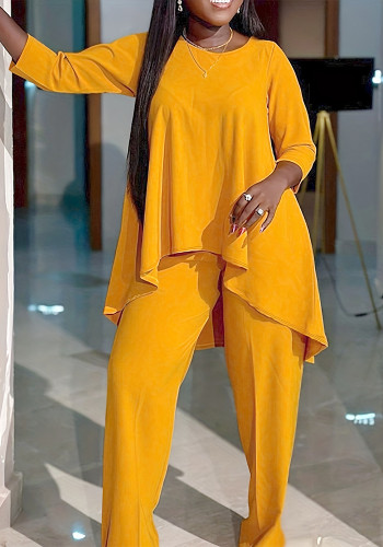 Yellow Chic Plus Size High Low Loose Top Two Piece Pants Set