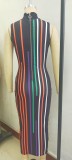 Sexy Two Way Zipper Striped Print Sleeveless Bodycon Midi Dress