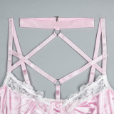 Pink Halter Neck Cross Cami Lace Splicing Two Piece Lingerie Set Sweet Underwear