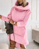 Pink Long Sleeve Turtleneck Casual Hoodie Dress