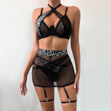 Sexy Three-Piece Lingerie Fishnet Leopard Splicing See Through Mesh Halter Cross Neck Underwear
