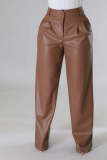 Solid PU-Leather Pocket Wide Leg Loose Casual Trousers