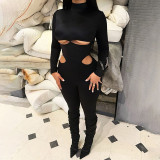 Black Sexy Cutout High Neck Long Sleeve Fitted Jumpsuit