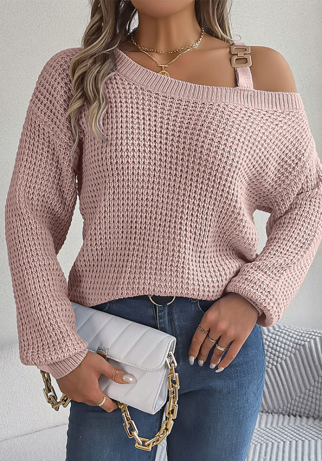 Casual Metal Strap Cold Shoulder Balloon Sleeve Pullover Sweater Jumper