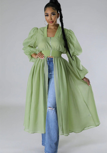 Fashion Plain Color Puff Sleeve Chic Long Dress Top