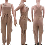 Casual Fleece Suspender Loose Drawstring Overalls Jumpsuit