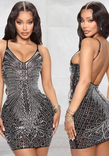 Sexy Black Rhinestone Low Back Cami Bodycon Dress