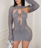 Sexy Knitting Halter Neck Hollow Out Mini Dress with Shrug Top 2PCS Set
