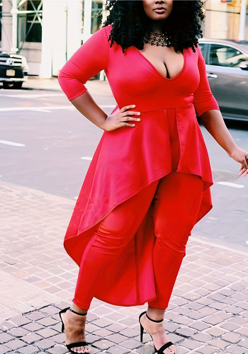 Plus Size Red V Neck Sexy Solid Overlay Jumpsuit