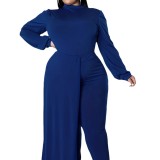 Blue Long Sleeve Mock Neck Plus Size Jumpsuit
