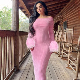Pink Off Shoulder Ribbed Bodycon Dress with Fur Cuff