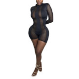 Sexy Mesh Splicing See-Through Long Sleeve Tight Romper