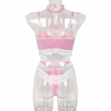 Pink Halter Neck Cross Cami Lace Splicing Two Piece Lingerie Set Sweet Underwear