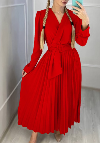 Solid Elegant V-Neck Long Sleeve Belted High Waist Pleated Maxi Dress