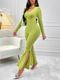 Light Green Long Sleeve Slit Bottom Flare Jumpsuit