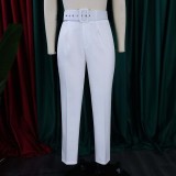 Solid High Waist Casual Trousers with Belt Career Pants