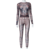 Printed Mesh Long Sleeve Top and Pants Fashion Two piece Set