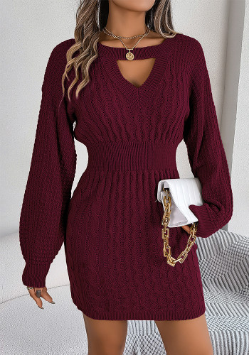 Fall Winter Solid Lantern Sleeve Hollow Slim Sweater Dress