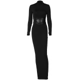 Fashion PU Leather Belted Long Sleeve Bodycon Maxi Dress