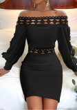 Black Hollow Out Lace Trim Off-Shoulder Bodycon Dress