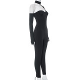 Black Asymmetric Fashion Tight Long Sleeve Jumpsuit