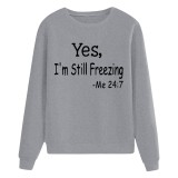 Casual Gray Print Long Sleeve Round Neck Loose T-Shirt