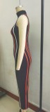 Sexy Two Way Zipper Striped Print Sleeveless Bodycon Midi Dress