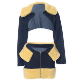 Fashion Denim Fleece Three Pieces Long Sleeve Short Jacket +Cropped Tank + Zipper Skirt