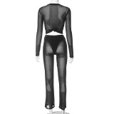 Black Mesh See-Through Long Sleeve Crop Top and Pants Sexy 2PCS Set