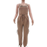 Casual Fleece Suspender Loose Drawstring Overalls Jumpsuit