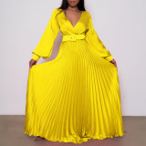 Solid V Neck Bishop Sleeve High Waist Belted Pleated Maxi Dress