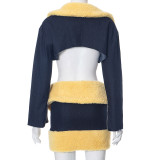 Fashion Denim Fleece Three Pieces Long Sleeve Short Jacket +Cropped Tank + Zipper Skirt