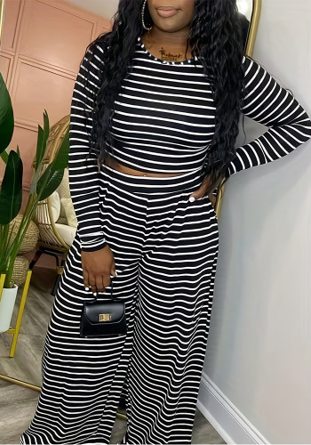 Striped Two Piece Long Sleeve Crop Top and Wide Leg Pants Set