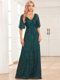 Shiny Green Double V-Neck Flutter Sleeve Ruched A Line Evening Gown