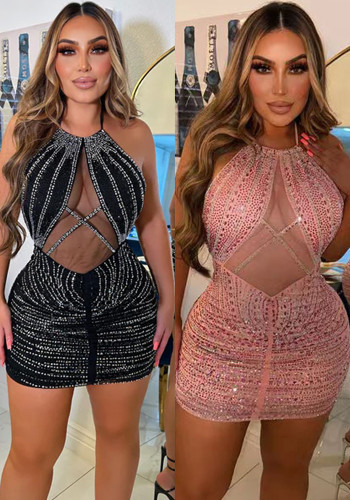Sexy Halter Mesh Patchwork Beaded Low Back Club Dress