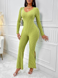 Light Green Long Sleeve Slit Bottom Flare Jumpsuit