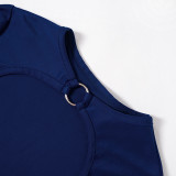 Blue O-Ring Hollow Out Long Sleeve Tops + Pants Casual 2PCS Set