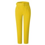 Solid High Waist Casual Trousers with Belt Career Pants