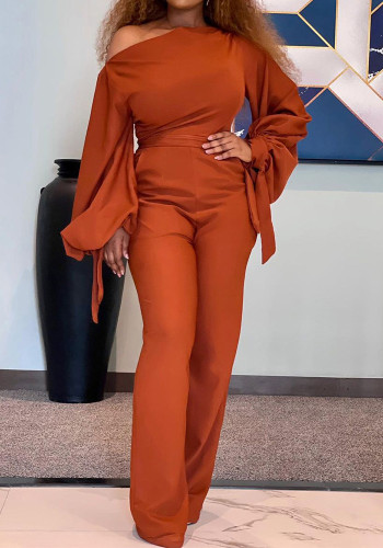 African Slash Shoulder Tie Cuff Long Sleeve Wide Leg Jumpsuit