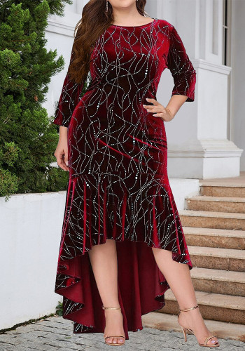 Elegant Velvet High Low 3/4 Sleeve Plus Size Party Dress