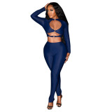 Blue O-Ring Hollow Out Long Sleeve Tops + Pants Casual 2PCS Set