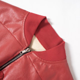 Winter Red PU Leather Mesh Patchwork Short Sleeve Cropped Gathered Waist Jacket