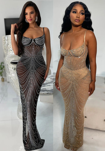 Rhinestone Mesh Cami See Through Bodycon Maxi Dress