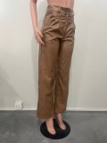 Solid PU-Leather Pocket Wide Leg Loose Casual Trousers