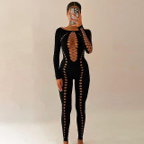 Sexy Hollow Out See-Through Off Shoulder Long Sleeve Tight Jumpsuit