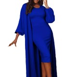 Plus Size Blue Chic Dress with Long Cardigan 2PCS Set