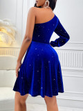 Winter Fashion Slash Shoulder Long Sleeve Blue Prom Dress