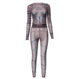 Printed Mesh Long Sleeve Top and Pants Fashion Two piece Set