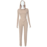 Khaki Hooded Long Sleeve Irregular Top & Pants Casual 2PCS Set