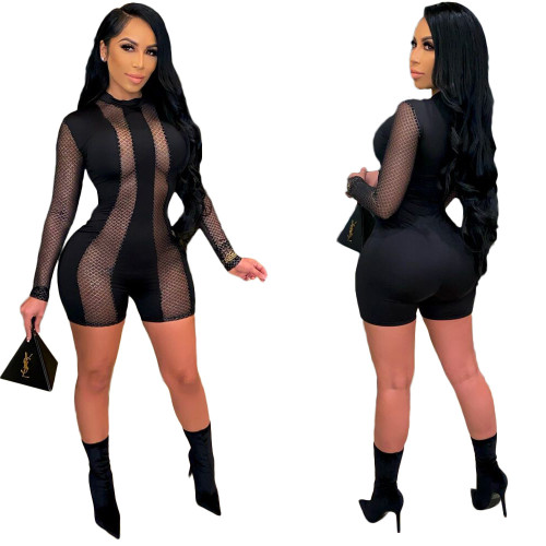 Sexy Mesh Splicing See-Through Long Sleeve Tight Romper